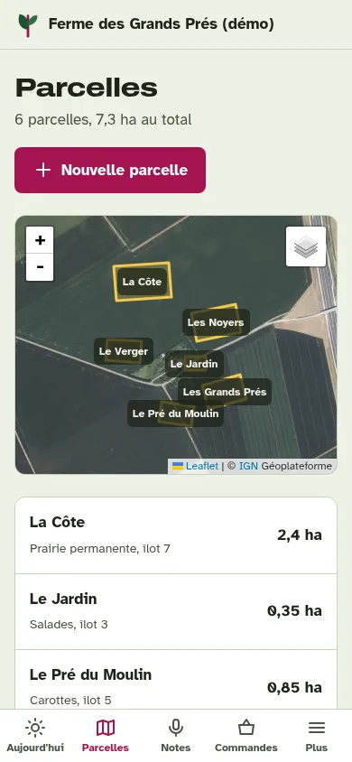 La carte et la liste des parcelles
